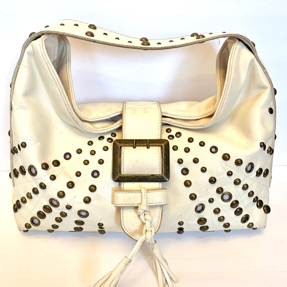 Cream Satchel with Brass Studs and Tassel Buckle Clasp